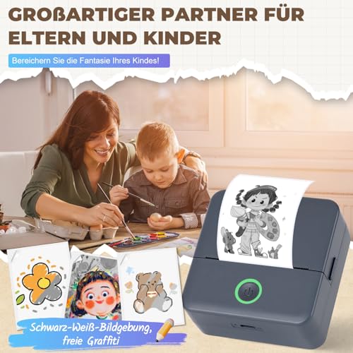 PRAOAHEI Mini Drucker, Tragbarer Fotodrucker mit 10 Rollen Druckerpapier, Bluetooth-Etikettendrucker, Thermodrucker für Notizen, Fotos, Tagebücher, Heimwerken, kompatibel mit iOS und Android (Grau)
