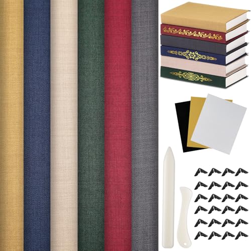 Humyoun Book Binding Cloth Kit, Includes 12''x16'' Bookcover Cloth Fabric 24 Decorative Corners 3 Iron on Vinyl Sheets Bone Folder Tools, Backing Paper,for Old Book DIY Craft Supplies(Vintage Color)