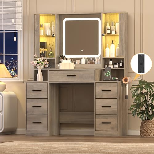 Image of Wodeer Grey Makeup Vanity Desk with Mirror & Lights, Modern Vanity Table with Charging Station, 7 Drawers, Glass Cabinet, Adjustable Shelves, Bedroom Dressing Table Set for Women & Girls