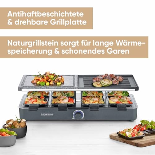 Foto von SEVERIN Raclette-Grill mit Naturgrillstein und Grillplatte, Raclette mit antihaftbeschichteter Grillplatte und 8 Pfännchen, Tischgrill für 8 Personen, max. 1300 W, schwarz, RG 2371