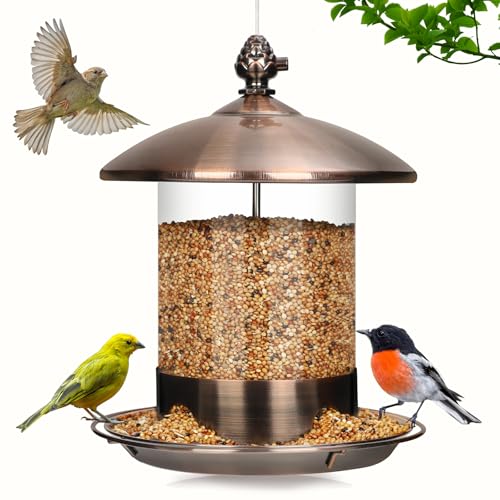 Gbekery Metal Bird Feeders for Outdoors Hanging Weather Resistant Wild Bird Feeder with 360 Degree Feeding Tray Copper