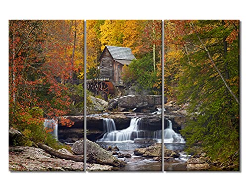 Nature Scenery Pictures for Living Room Waterfall Wooden House Painting on Canvas 3 Piece Wall Art Fall Landscape Artwork Home Decor Framed Gallery Wrapped Framed Ready to Hang, 60" Wx40 H