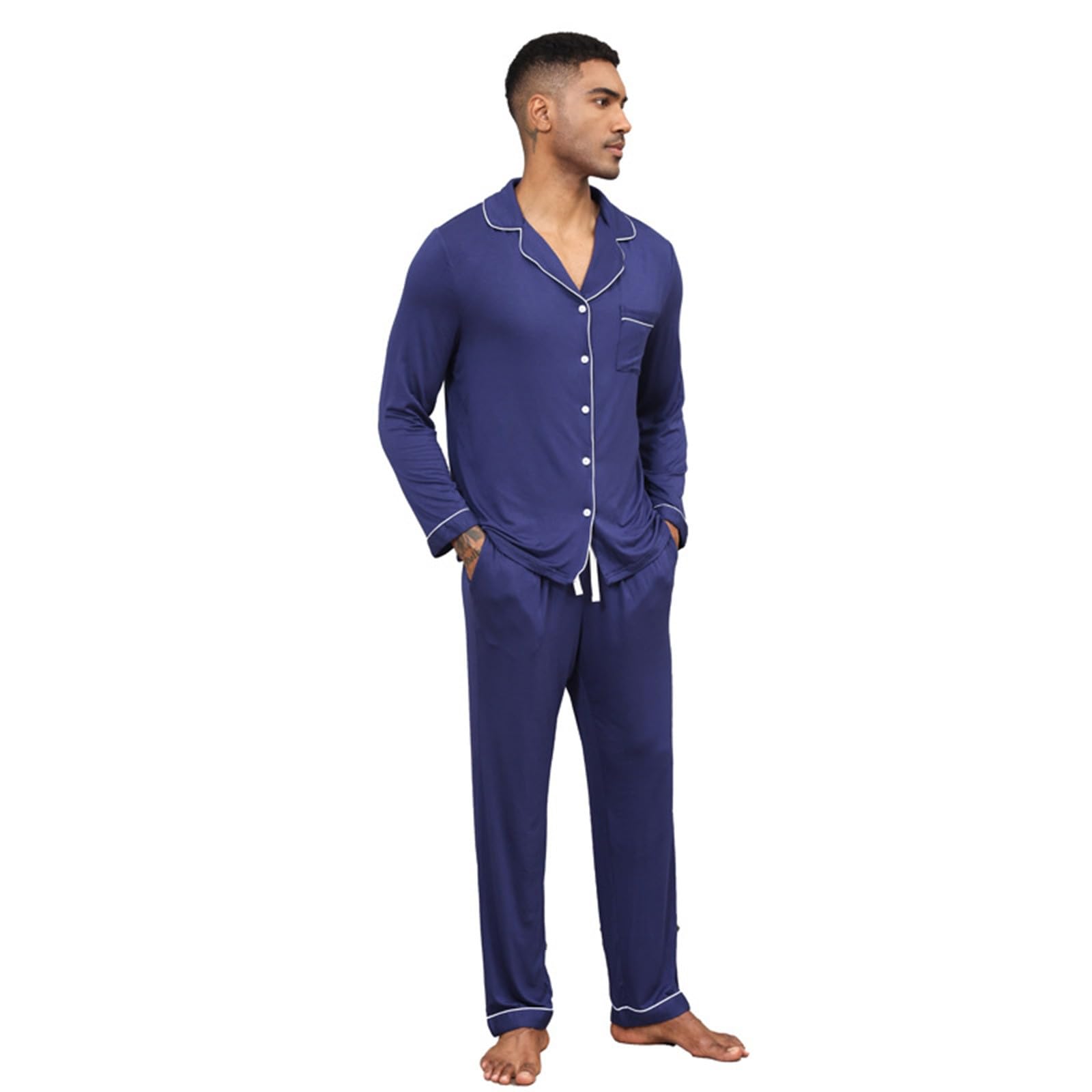Genérico Pijama Hombre Ropa de Dormir Masculina y Liso Manga Larga Pantalón Largo Ropa de Dormir Hombre con Bolsillos Pijamas de Dos Piezas