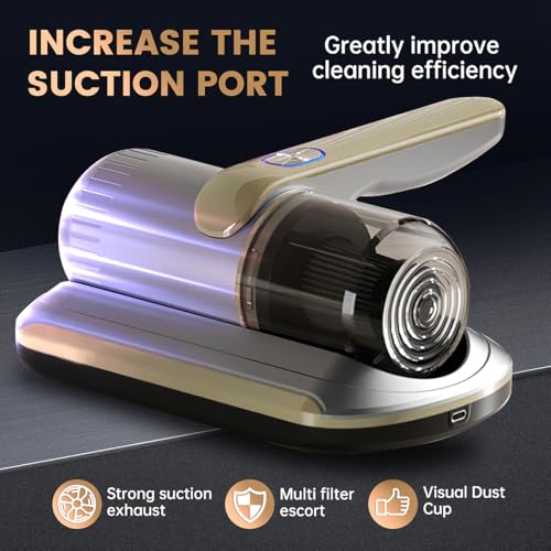 Image of PATO Mattress Vacuum Cleaner, Wireless Handheld Bed Vacuum Cleaner with UV-C Light, HEPA Filter and Ultrasonic Vibration, 12KPa, Suitable for Beds, Sofas, Car Seats, Carpets (Golden)