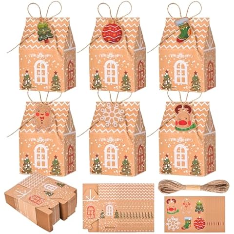 Qonmpcvu 50 Packs Christmas Candy&Cookie Boxes, Gift Wap Bags with 108PCS DIY Pattern Tags and hemp rope,Creative Small&Stickers House Shape Food Storage Wedding or Baby Shower Party Favors Cover