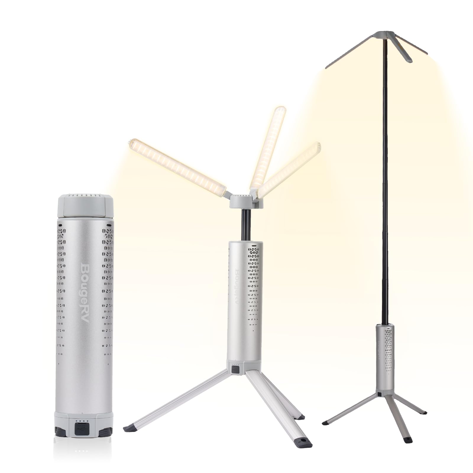 BougeRV T1 Campinglampe mit 15600mAh, 3000 lm, Campinglicht aufladbar, 1,68m Einziehbare Campinglaterne, Einstellbare Höhe & Winkel, 2,5 Stunden Ladezeit, IPX5 wasserdicht, für Camping Reise, Silber