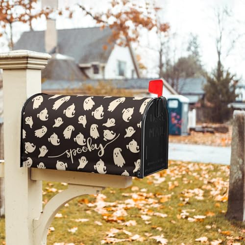 Image of 21x18inch Happy Halloween Magnetic Mailbox Cover- Spooky Ghosts Black White Waterproof Holiday Mailbox Wrap Letter Post Cover Standard Size for Garden Yard Outside Outdoor Decor