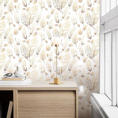 Image of Veki Luxury Floral & Botanical Geometric Wallpaper Mural - Waterproof, Moisture-Proof, Self-Adhesive PVC Wall Sticker for Home & Hotel Decoration (45cm x 300cm) (White Feather)