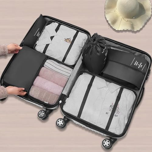 Image of Nylon 7 Pcs Travel Organizer Pouch Packing Cubes For Travel Clothes Space Savers Bags Cosmetics /Underwear /Socks /Shoes Toiletry Organiser Pouch (Black)