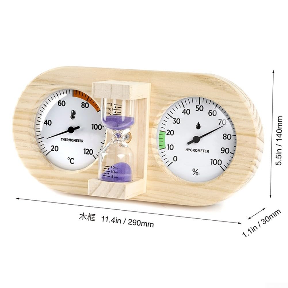 Termohigrómetro de sauna con temporizador de reloj de arena, medidor de temperatura y humedad montado en la pared de madera de pino para sala de sauna, 20-120 °C 0-100% HR (A)