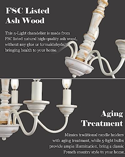 Elyona French Country Chandelier, 21" Farmhouse Wood Chandelier, 5-Light Rustic Candle Pendant Light Fixtures For Dining Room,Living Room,Kitchen,Bedroom, Led Bulb Included, Handmade Distressed White #TOP2