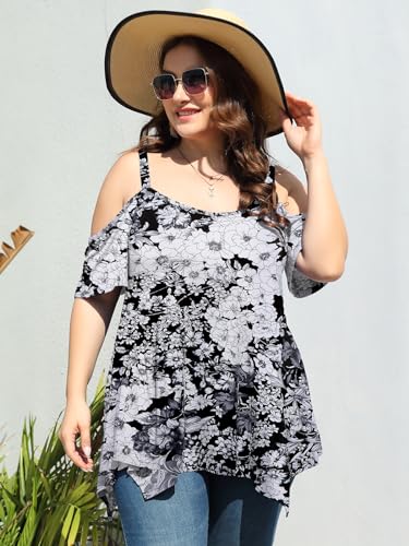 Image of LARACE Cold Shoulder Tops for Womens Summer Clothes Spaghetti Strape Tunic Oversized Shirts Asymmetrical Plus Size Blouse
