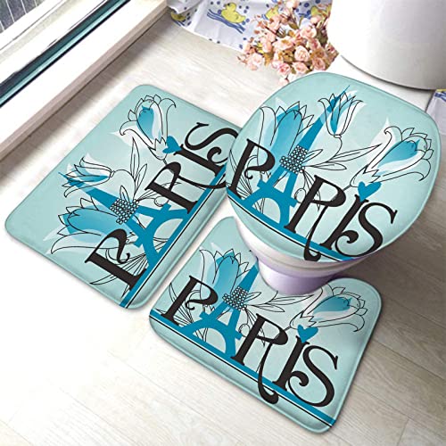 Badezimmerteppich-Set, 3-teilig, florales Pariser Eiffelturm-Thema, waschbare Badteppiche, rutschfest, mit Rückenpolster, Konturteppich und Toilettendeckelbezug