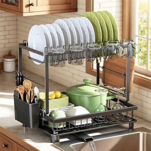 Dish-Drying-Rack-2-Tier-Space-Saving-Dish-Rack-Multifunctional-Dish-Drainer-for-Kitchen-Counter-with-DrainboardUtensilCup-Holder-Rustproof-Carbon-Steel-Black Dish Drying Rack, 2 Tier Space-Saving Dish Rack, Multifunctional Dish Drainer for Kitchen Counter with Drainboard/Utensil/Cup Holder Rustproof Carbon Steel, Black - Image 1