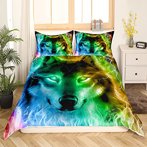 Wolf Duvet Cover Safari Animal Bedding Set Lightning Wildlife Style Comforter Cover For Boys Girls Kids Teens Wild Wolf Bedroom Decor Glitter Green Blue Bedspread Cover Full Size With 2 Pillow Case #TOP2