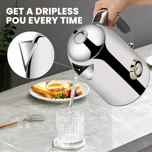 Image of SUSTEAS Electric Kettle - 57oz Hot Tea Water Boiler with Thermometer, 1500W Fast Heating Stainless Steel Pot, Cordless LED Indicator, Auto Shut-Off & Boil Dry Protection, Glossy Silver