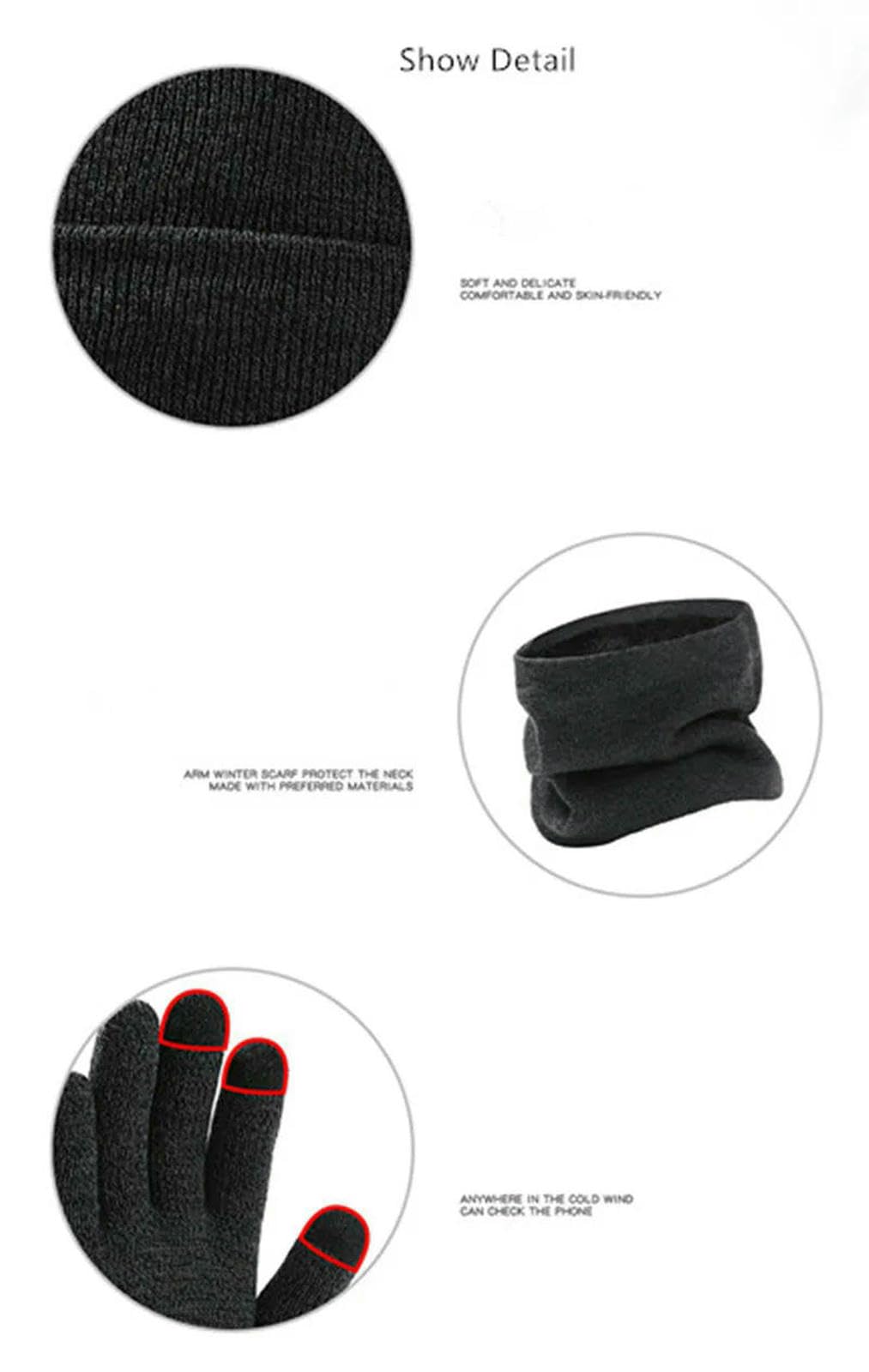 Mütze,Schal & Handschuh-Sets Herbst Winter Outdoor Warm Gebürstet Herren Beanie Mütze Schal Handschuhe 3-teiliges Set Winddicht Strickring-grau3-einheitsgröße
