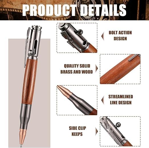 Image of bullet pen heavy metal realistic bolt action mechanism smooth writing ballpoint pen premium pocket clip stylish gift item for men (Brown)