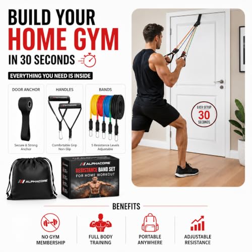 Image of Resistance Band Set with Handles for Home Workout | Natural Latex Exercise Bands for Strength Training, Yoga, Gym | Full Body Fitness Bands for Men & Women