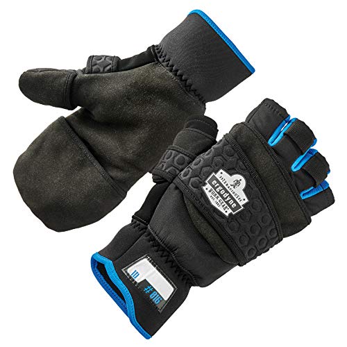Fingerless Winter Work Glove with Flip Top Mitten, Thermal Fleece Lined, Ergodyne ProFlex 816, Black, Medium
