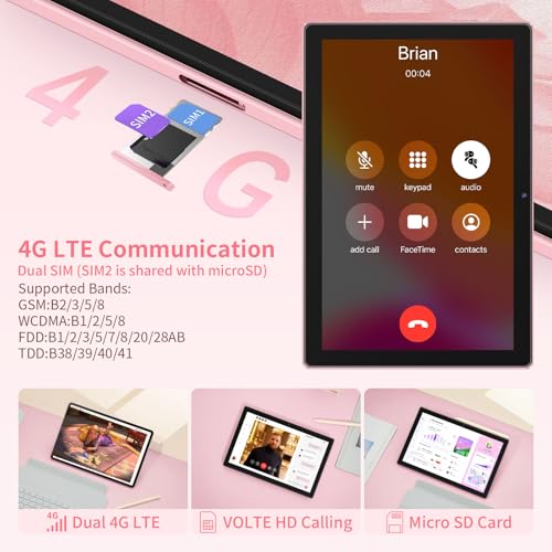 Image of 10.1 inch Android 12 Tablet, 4G LTE Dual SIM, 4GB RAM 32GB ROM, Octa-Core MT6755, 13MP Rear + 5MP Front Camera, 6000mAh Battery, 5-Point Touch, GMS Certified (Pink)