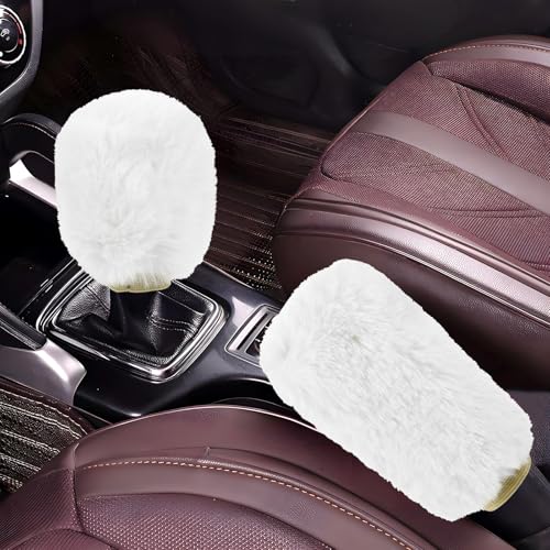 Hovom 2PCS Fluffy Car Gear Shift Knob Cover & Handbrake Cover, White