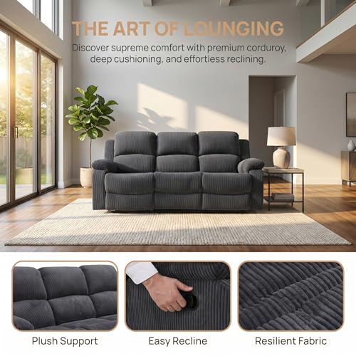 Image of Corduroy Power Recliner Sofa Set, Corduroy Recliner Couch Sets with Multi Angle Reclining, 3 Piece Sectional Sofa with USB Charging Port for Home Theater, Living Room, Office, Dark Gray