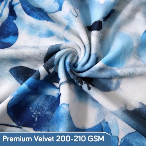 Image of HOKIPO Premium Printed Velvet Dining Chair Cover Set of 4 with 1 Bench Cover, Blue Azure Botanical (AR-5799-D8)