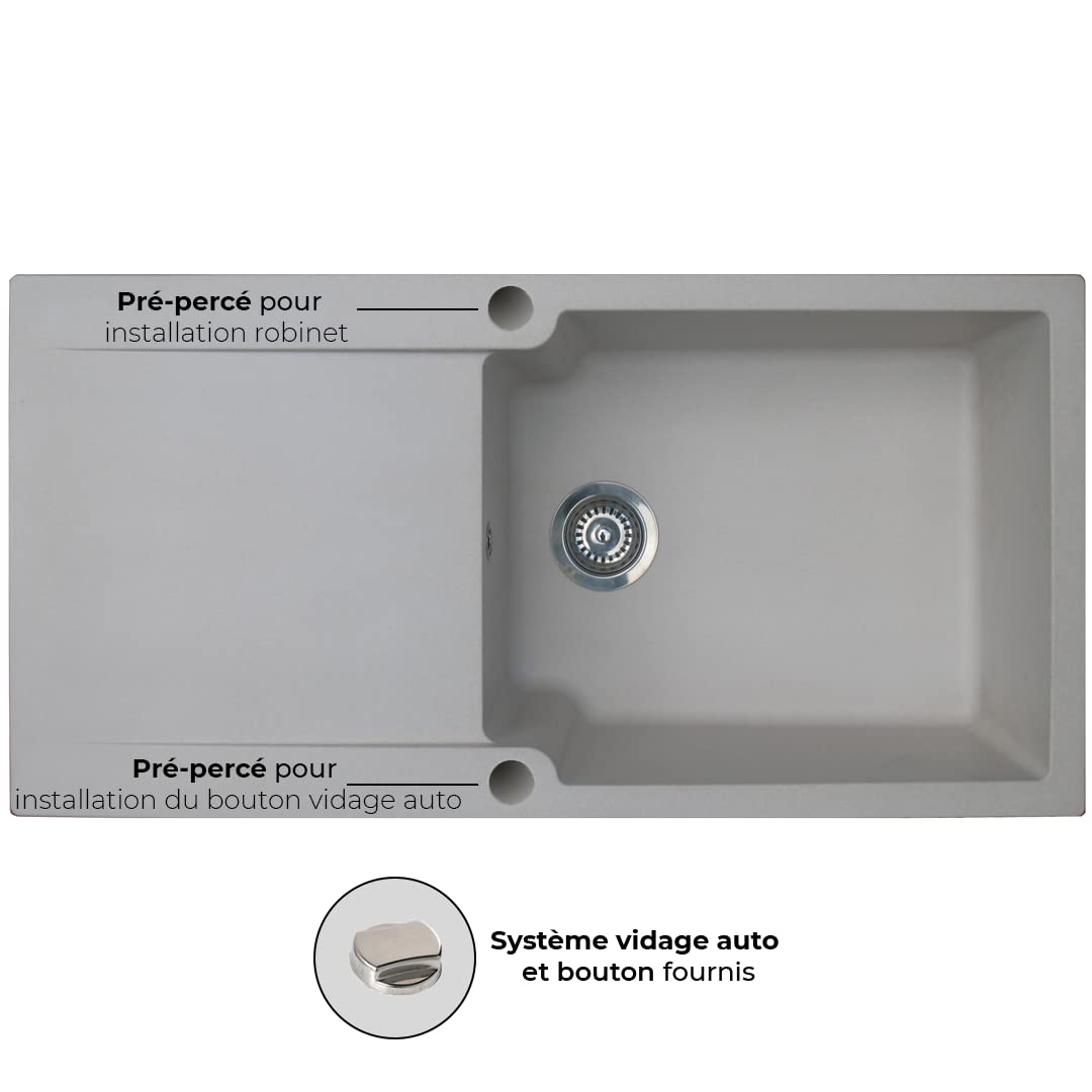 Essebagno Lisse évier réversible 1 grande cuve 1 égouttoir en résine gris