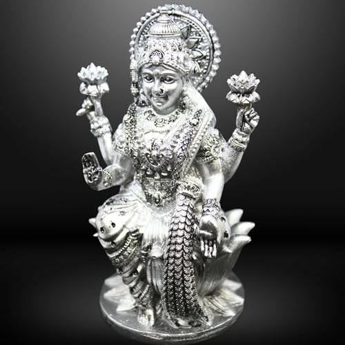 Image of Goddess Lakshmi Laxmi Devi MATA Idol - 4.5 Inches Polystone Material Murti - Colour- Brass, Silver - Perfect Statue for Car Dashboard, Home, and Office Decor Indian God Small Size (Silver)