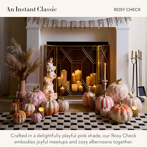 Image of MACKENZIE-CHILDS Pumpkin, Resin Halloween and Fall Decor, Small, Pink-and-White Rosy Check