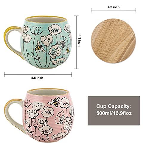 Taimei Teatime Ceramic Coffee Mugs With Lid Set Of 4, 16.9 Fl Oz Large Coffee Mugs With Handpainted Bee And Floral Pattern, Christmas Mug Gift Set, Microwave And Dishwasher Safe #TOP1