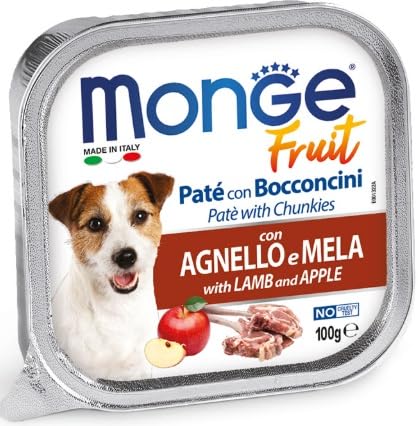 Monge Fresh Fruit húmedo para perros de todos los tamaños con fruta, sabor cordero y manzana | 6 bandejas de 100 gramos cada una.