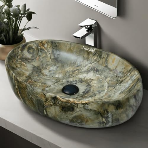 Image of Designer Counter Top Wash Basin | Tabletop Ceramic Bathroom Sink | Wash Basin Over Counter | Wash Basin For Bathroom, Living Room (24 x 15 x 6 Inch) (Glossy Wooden Green)