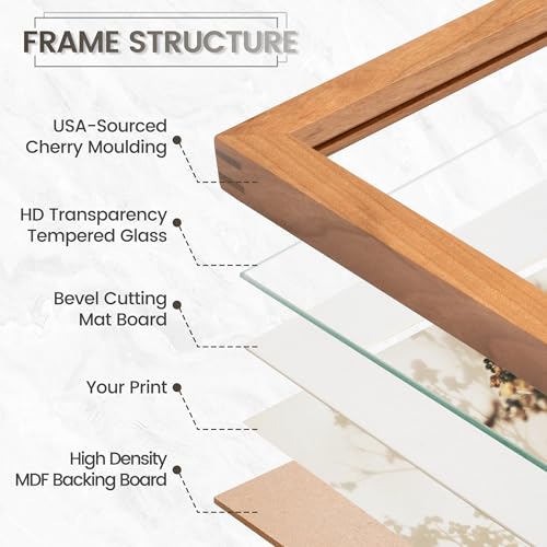 Image of 8x10 Picture Frame Set of 3, USA-Sourced Natural Cherry Wood Photo Collage Frame with HD Tempered Glass, Modern Simple 8 x 10 Wooden Frame Matted to 5x7 Gallery Frames for Art Wall or Tabletop Display