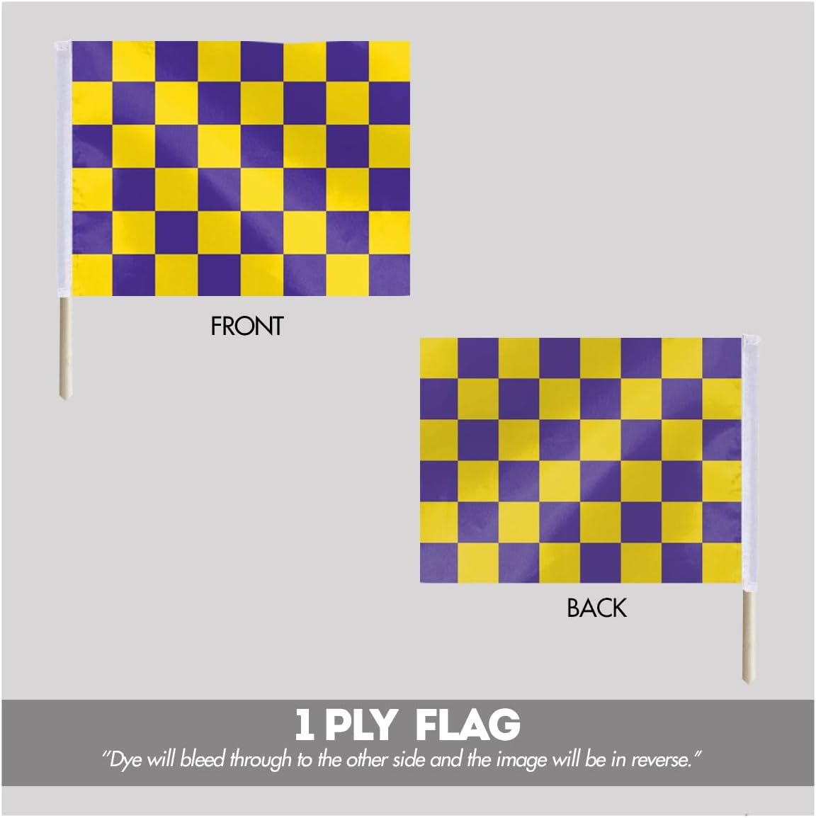 AGAS Checkered Racing Flag Purple Gold – Sports Racing Flag – 24 x 30 Inch – Track & Motorsport – Heavy Duty 200D Nylon Fabric – Mounted on 5/8 Inch x 30 Inch Natural Wood Pole – Stitched Edges, High Visibility – Official End of Race Session Use