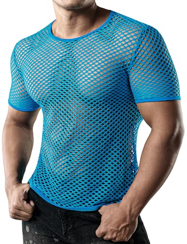 JOGAL Men's Mesh Fishnet Fitted Short Sleeve Muscle Top