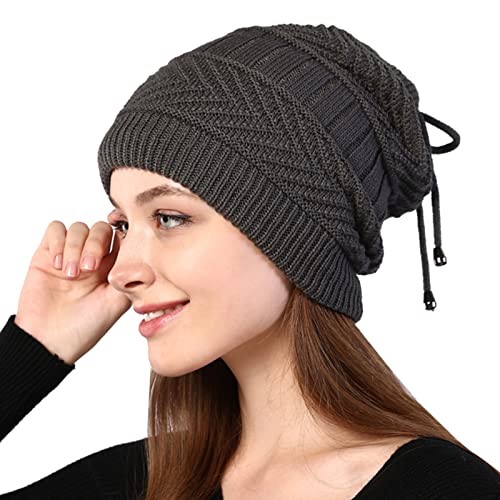 Gorro feminino com forro de pelúcia quente chapéu cachecol confortável sem aba, Cinza escuro, P