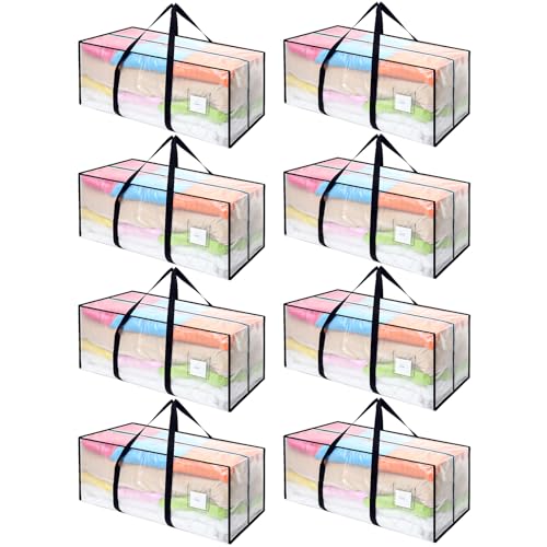 Dntorx Lot de 8 sacs de rangement robustes de 120 l - Cartons de déménagement transparents - Avec poignée zippée - Pliable - Pour sapin de Noël, déménagement, linge de lit, vêtements