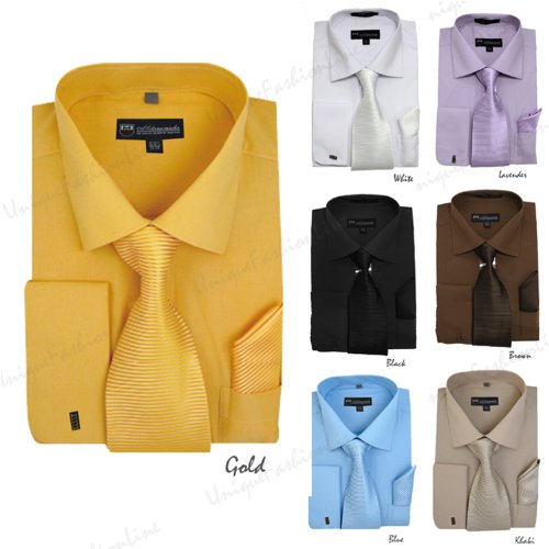 Milano Moda Solid Dress Shirt With Tie, Hankie & French Cuffs Sg27-Khaki-17-17 1/2-34-35 #TOP2