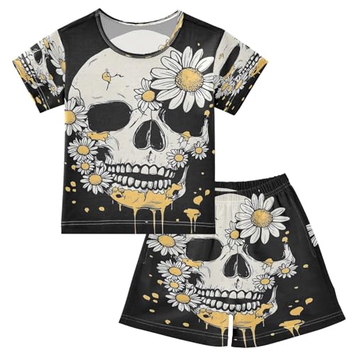 senya Short Sleeve Pajamas Sets Summer Cotton Sleepwear Skull Whie Daisies