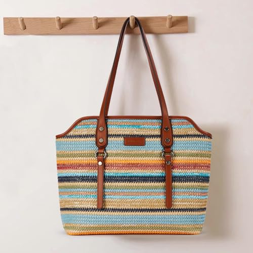 Image of Tote Bag for Women,Large Capacity Straw&Vegan Leather Tote Purses for Women,Shoulder Bags For Daily Travel Work Beach