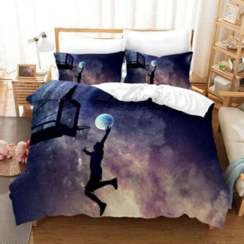 Parure de lit 90x190 basket pour chambre d'enfant : housse violette microfibre et sa taie