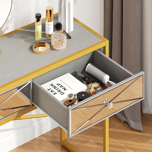 DWVO Makeup Vanity Desk with Large Mirror and Lights, Makeup Vanity with 2 Drawers, Dresser Table, Makeup Vanity with Led Lighted Mirror in 3 Colors, for Bedroom