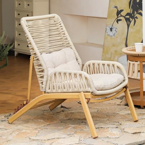 JS Space Tumbona de Ratán Sintético con Respaldo Reclinable, Silla Relax Plegable para Terraza, Jardín, Balcón y Piscina, Cómoda Tumbona Exterior White