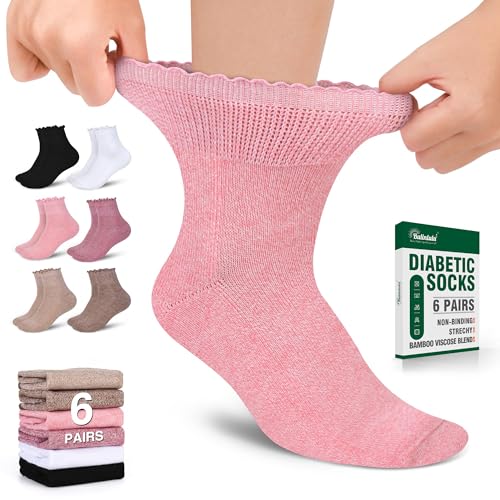 Bulinlulu Women’s Diabetic Socks – 6 Pairs Non-Binding Neuropathy Socks for Women 6-9 9-11(Ruffle Group A-M)