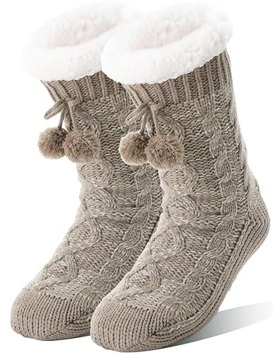 Welwoos Dames Sokken, Fluffy, Warm, Dikke, Thermisch, Gezellig, Pluche, Antislip, Zachte Fleece Sokken, Knäuel, Khaki, One Size