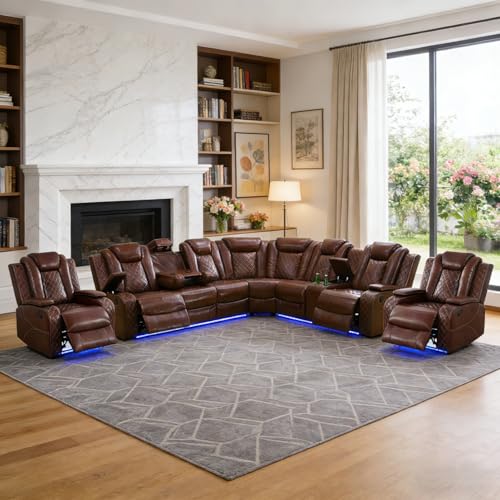 SITYRUBE Leather Power Recliner Sectional Sofa Set with LED Light,L-Shaped Reclining Couch with USB Port,Leather Sofa with Cup Holder/Storage for Living Room/Home Theater(Sectional+Chair*2)