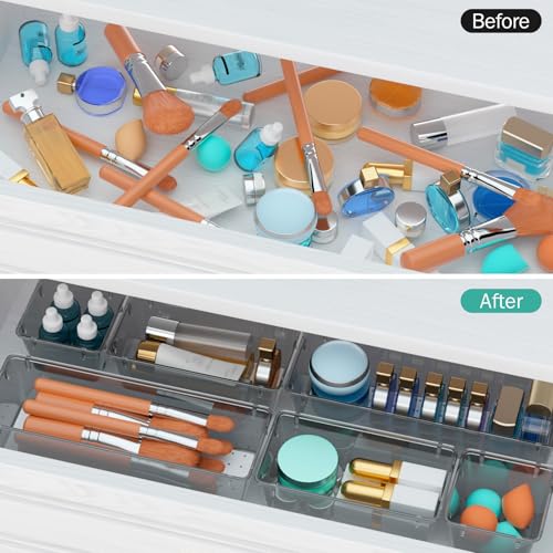 Image of WOWBOX 12 Pack Clear Drawer Organizer Set, Acrylic Drawer Storage Trays, Storage Bins for Makeup, Cosmetics, Jewelries, Utensils, Gadgets, Office, Black
