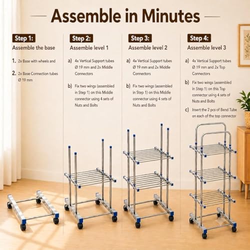 Image of SR Heavy Duty 304 Stainless Steel Foldable Cloth Dryer Stand | 3 Layer Movable Clothes Drying Rack for Indoor & Outdoor | Foldable Laundry Drying Rack | Cloth Stand for Balcony (Steel Mirror)